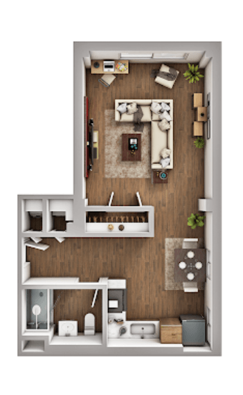 A top-down view of a small apartment with a kitchen, living room, and bathroom.